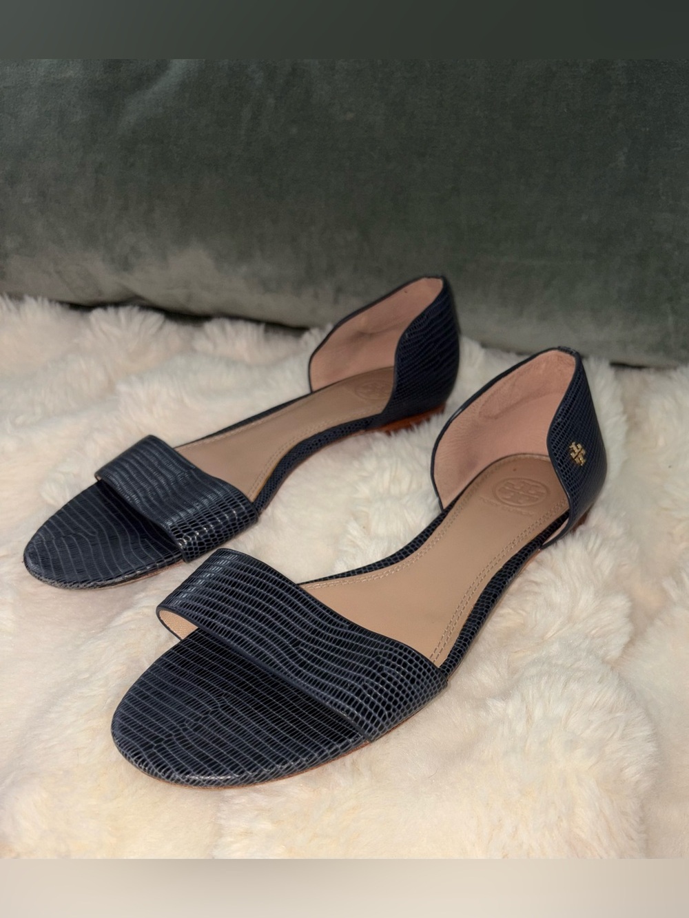 Tory Burch Elsa D’Orsay Flats – Navy Textured Leather | Size 9.5